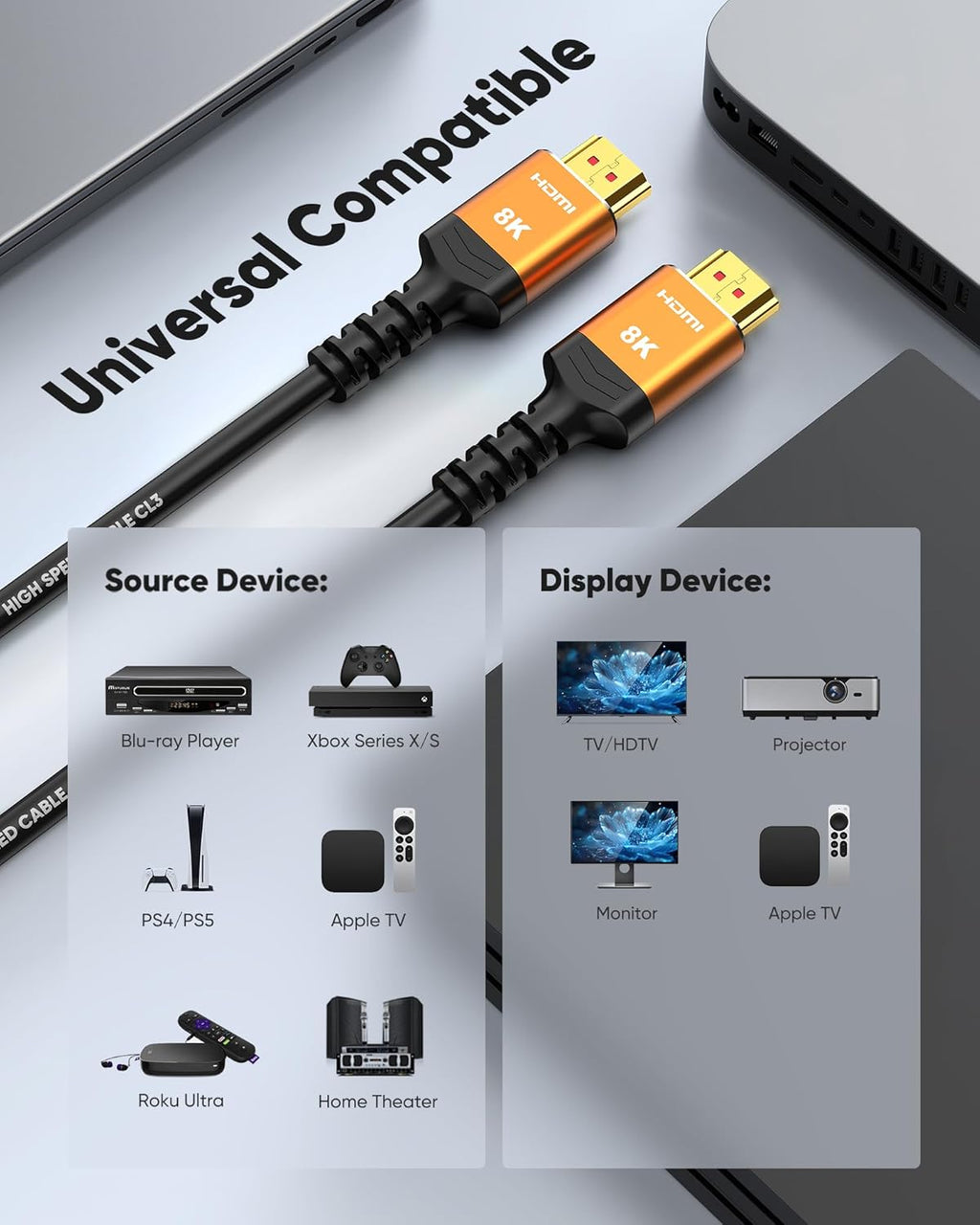 HDMI Cables 30FT Long, 8K Ultra High Speed HDMI 2.1 Cable [In-Wall CL3 Rated, 48Gbps] 8K@60 4K@120Hz/144Hz, HDMI Cord Earc HDCP 2.2 & 2.3, Compatible for Xbx/S/Hdtv/Gpus 30 & 40 Series