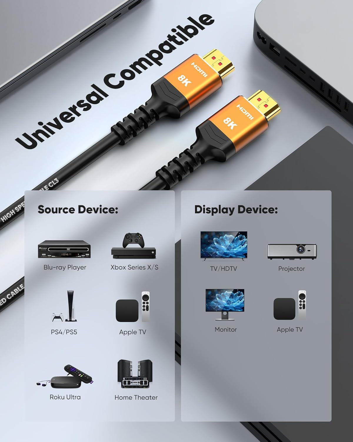 HDMI Cables 30FT Long, 8K Ultra High Speed HDMI 2.1 Cable [In-Wall CL3 Rated, 48Gbps] 8K@60 4K@120Hz/144Hz, HDMI Cord Earc HDCP 2.2 & 2.3, Compatible for Xbx/S/Hdtv/Gpus 30 & 40 Series