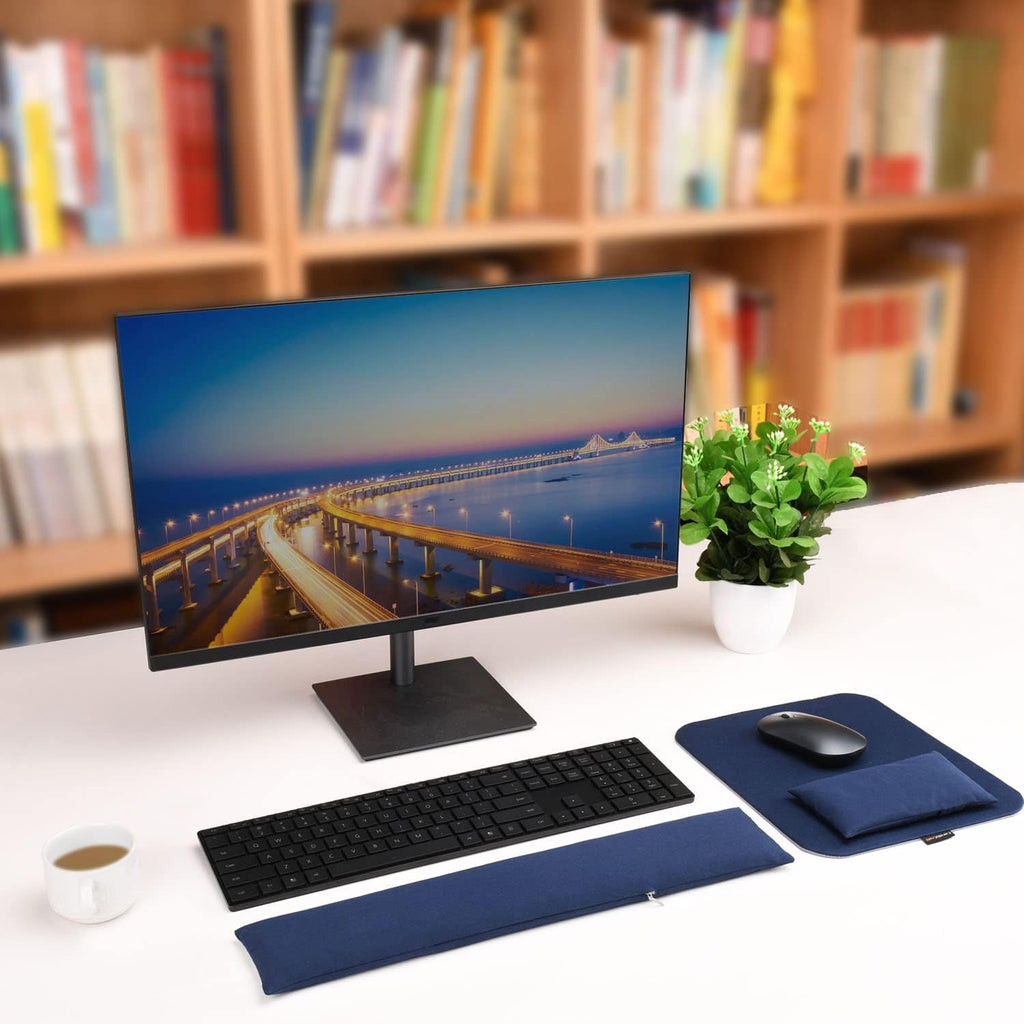 Large Mouse Pad with Wrist Support and Keyboard Wrist Rest Bean Bag Set, Ergonomic Mouse Keyboard Arm Rest Cushion Filled Ergo Beads, Easy Typing Office (Navy Blue)
