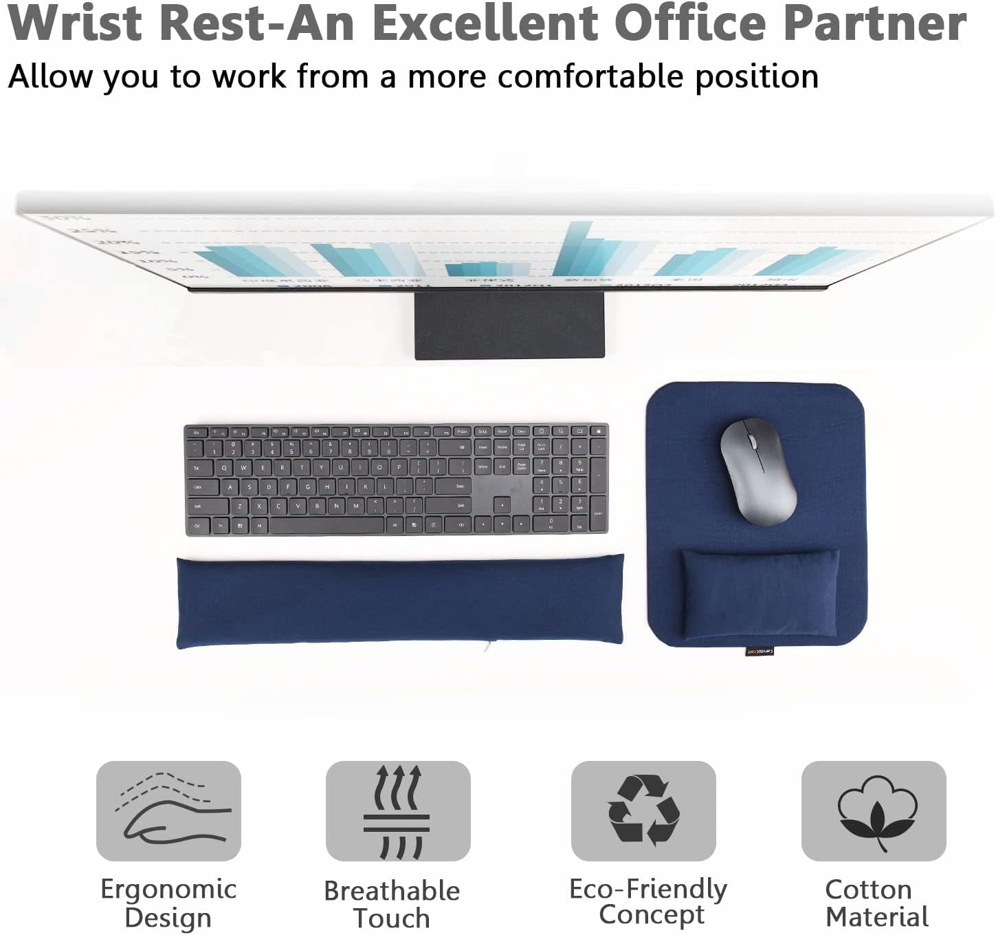 Large Mouse Pad with Wrist Support and Keyboard Wrist Rest Bean Bag Set, Ergonomic Mouse Keyboard Arm Rest Cushion Filled Ergo Beads, Easy Typing Office (Navy Blue)