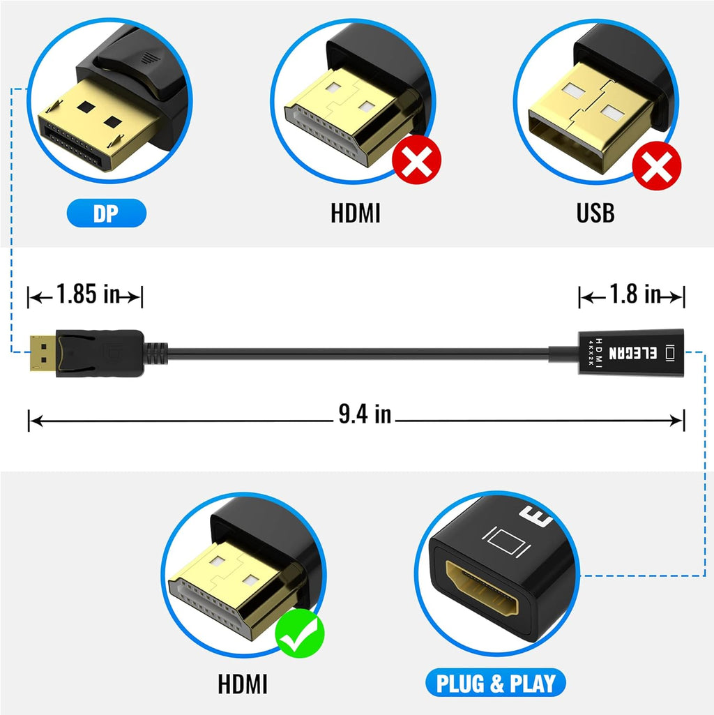 Displayport to HDMI Adapter Cable, 4K@30Hz 2K@60Hz 1080P Gold-Plated DP (Display Port) PC to HDMI Monitor Converter (Uni-Directional & Male to Female),Compatible for HP NVIDIA & More