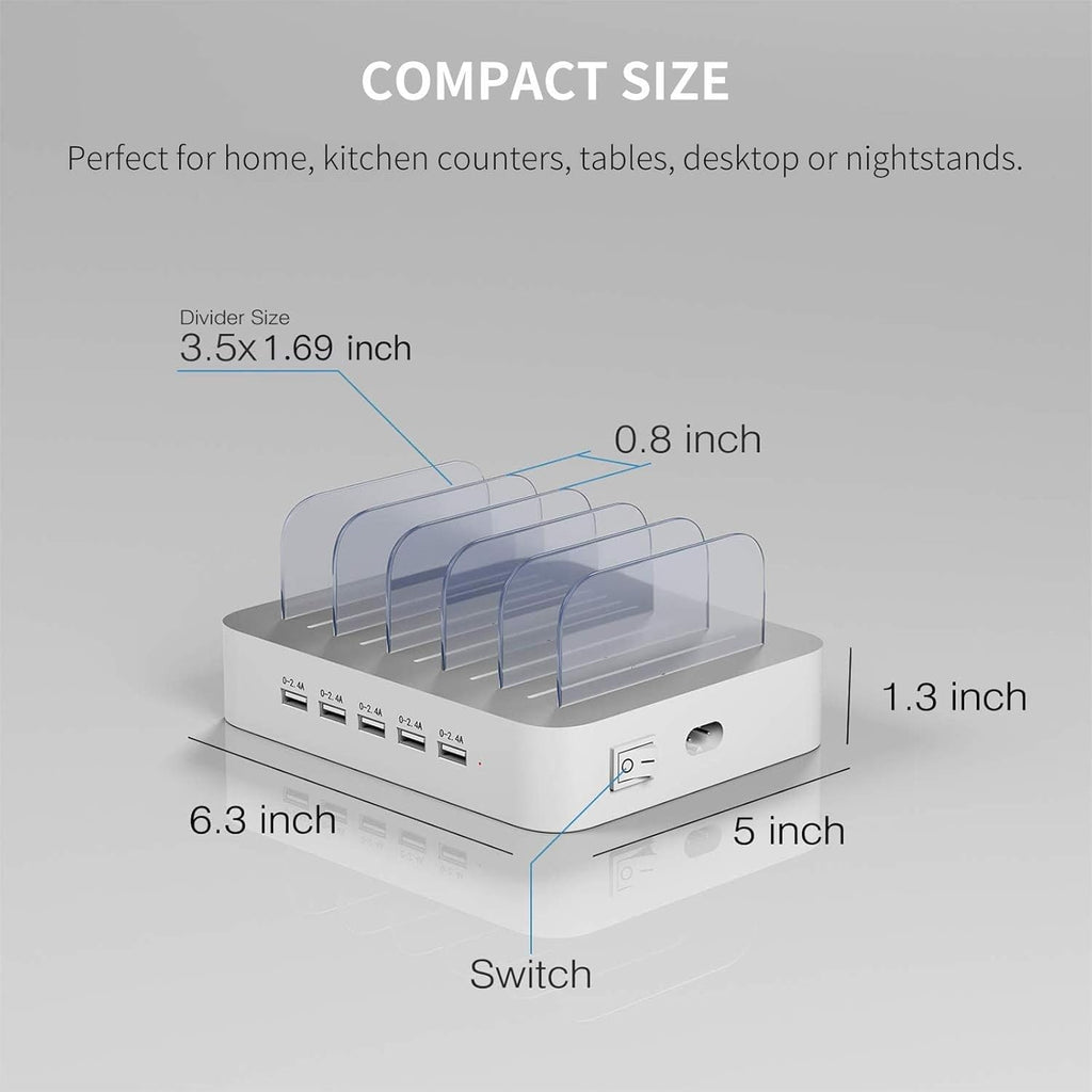 Charging Station for Multiple Devices : 5 Port Multi USB-A Charger Stations Multi-Device Organizer Charging Dock Designed for Iphone Ipad Cell Phone Tablets (7 Short Cables Included)