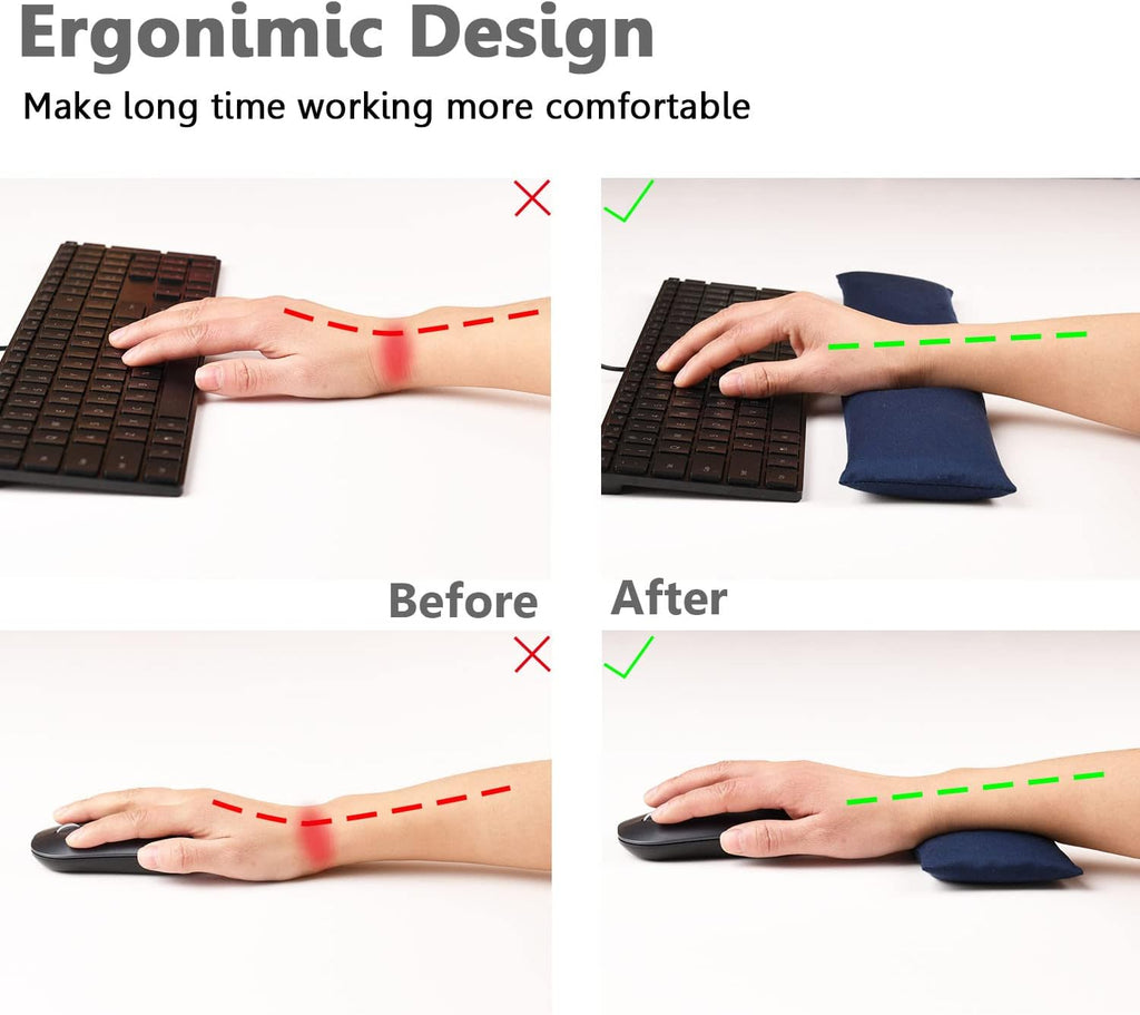 Large Mouse Pad with Wrist Support and Keyboard Wrist Rest Bean Bag Set, Ergonomic Mouse Keyboard Arm Rest Cushion Filled Ergo Beads, Easy Typing Office (Navy Blue)