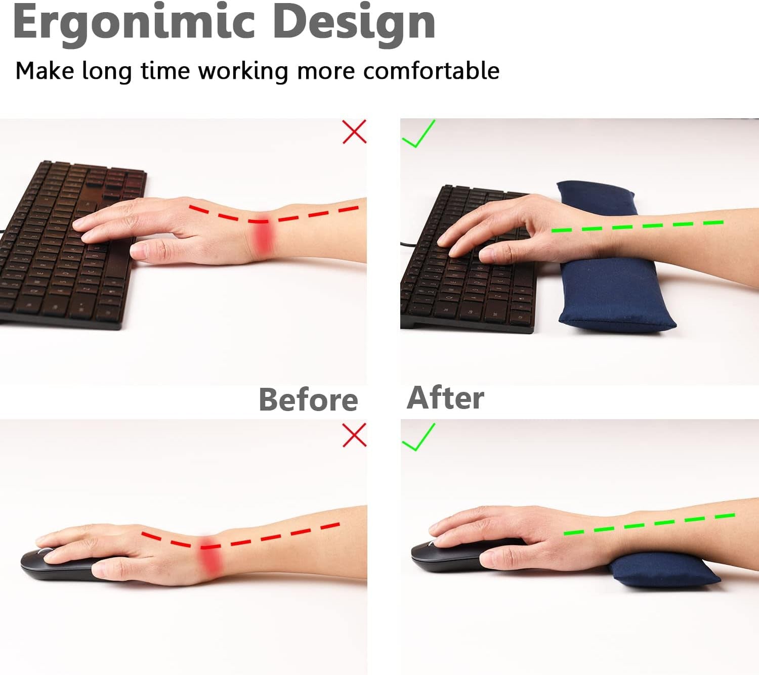 Large Mouse Pad with Wrist Support and Keyboard Wrist Rest Bean Bag Set, Ergonomic Mouse Keyboard Arm Rest Cushion Filled Ergo Beads, Easy Typing Office (Navy Blue)