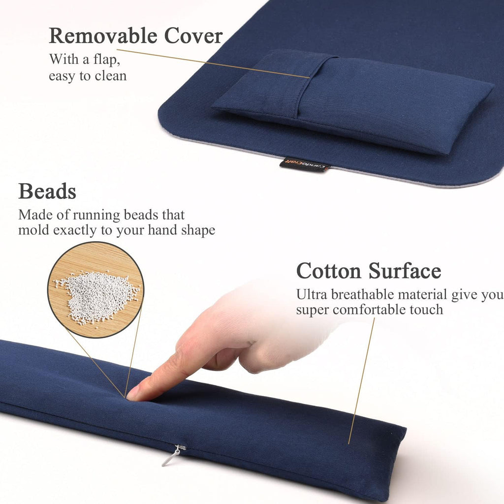 Large Mouse Pad with Wrist Support and Keyboard Wrist Rest Bean Bag Set, Ergonomic Mouse Keyboard Arm Rest Cushion Filled Ergo Beads, Easy Typing Office (Navy Blue)