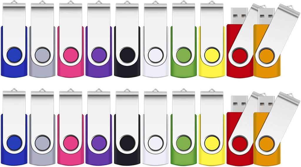 2GB Flash Drive,  Thumb Drives 20 Pack, 2 Gig USB Drive with Lanyards Metal Swivel 2GB USB Memory Stick Pen Drive with LED Indicator(20 Mixed Color)